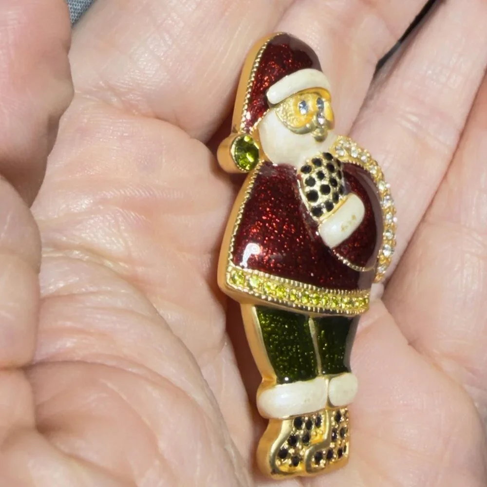 Santa Brooch Rhinestone Enamel Christmas Pin Gold Tone 2”
